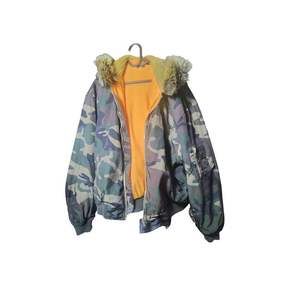 Very RARE Yeezy Season 5 Camo Reversible Faux Fur Hood Bomber Jacket Sz S